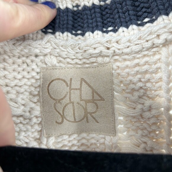 NWT CHASER Cream Navy Blue Chunky Cable Knit Waist Tie Cardigan Sweater Small - Picture 9 of 9